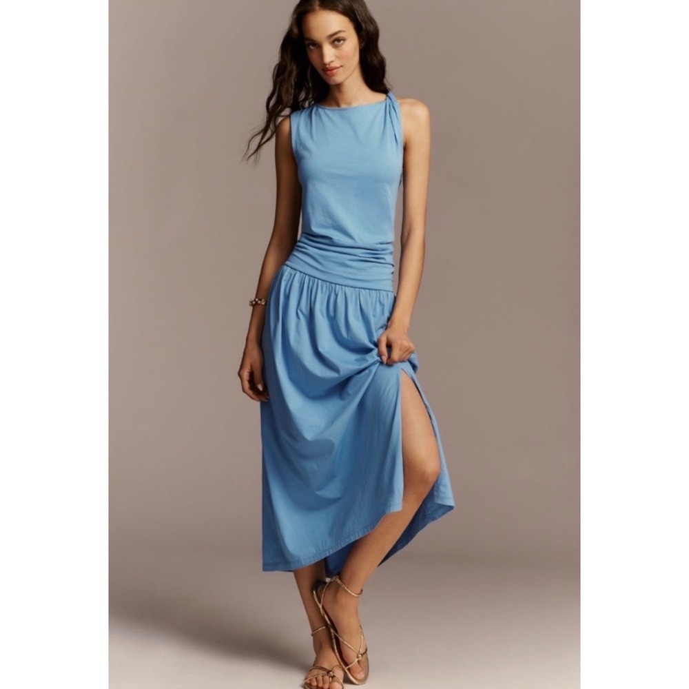 Nation LTD Cleo Midi Dress Pima Cotton Drop Waist Small Blue Sleeveless NWT